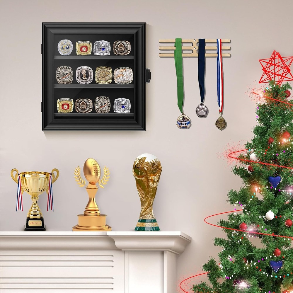 Championship Ring Display Case, 12 Posts 12 Posts-Rectangle, Black