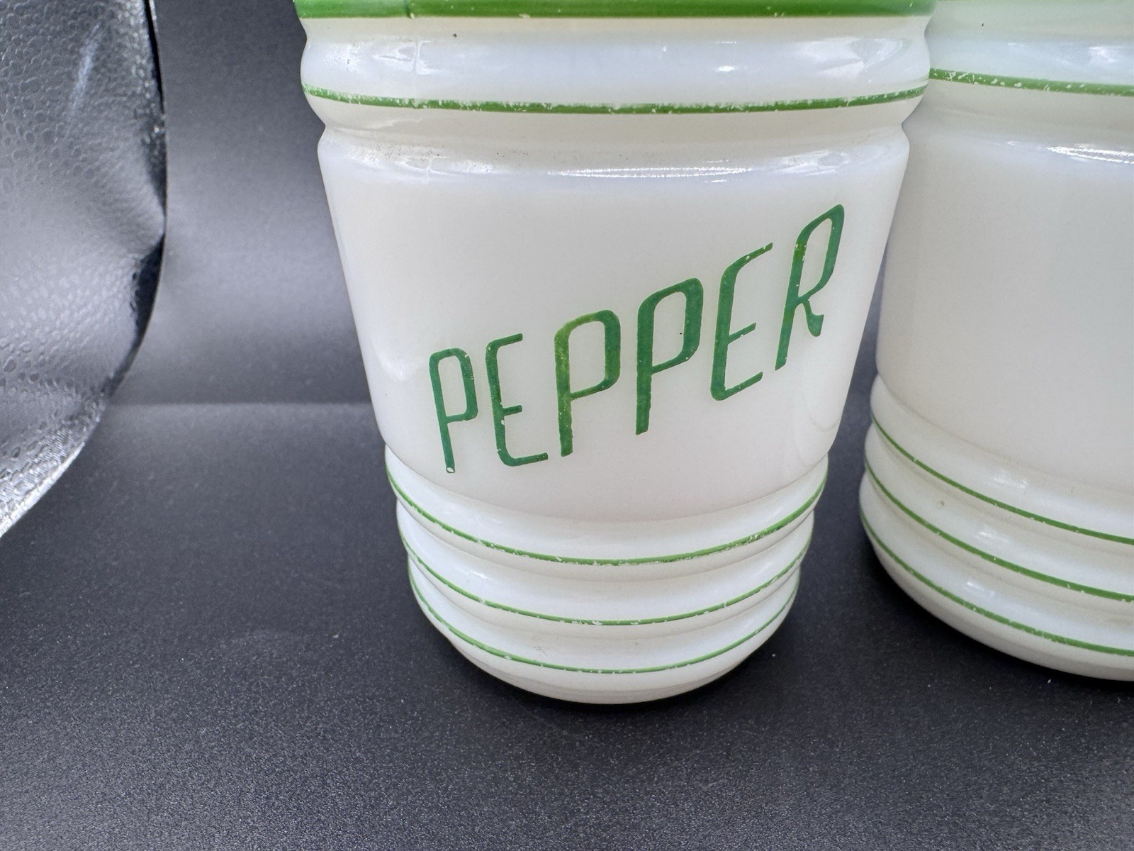 HAZEL ATLAS White Milk Glass Green Letters 1940s Ribbed Salt Pepper Shakers Set