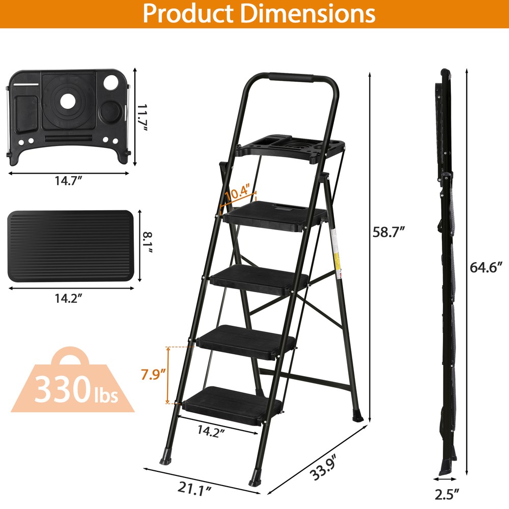Step Ladder 4 Step Folding Black 330 Lbs Max Load Ladder Folding W/ Work Tray