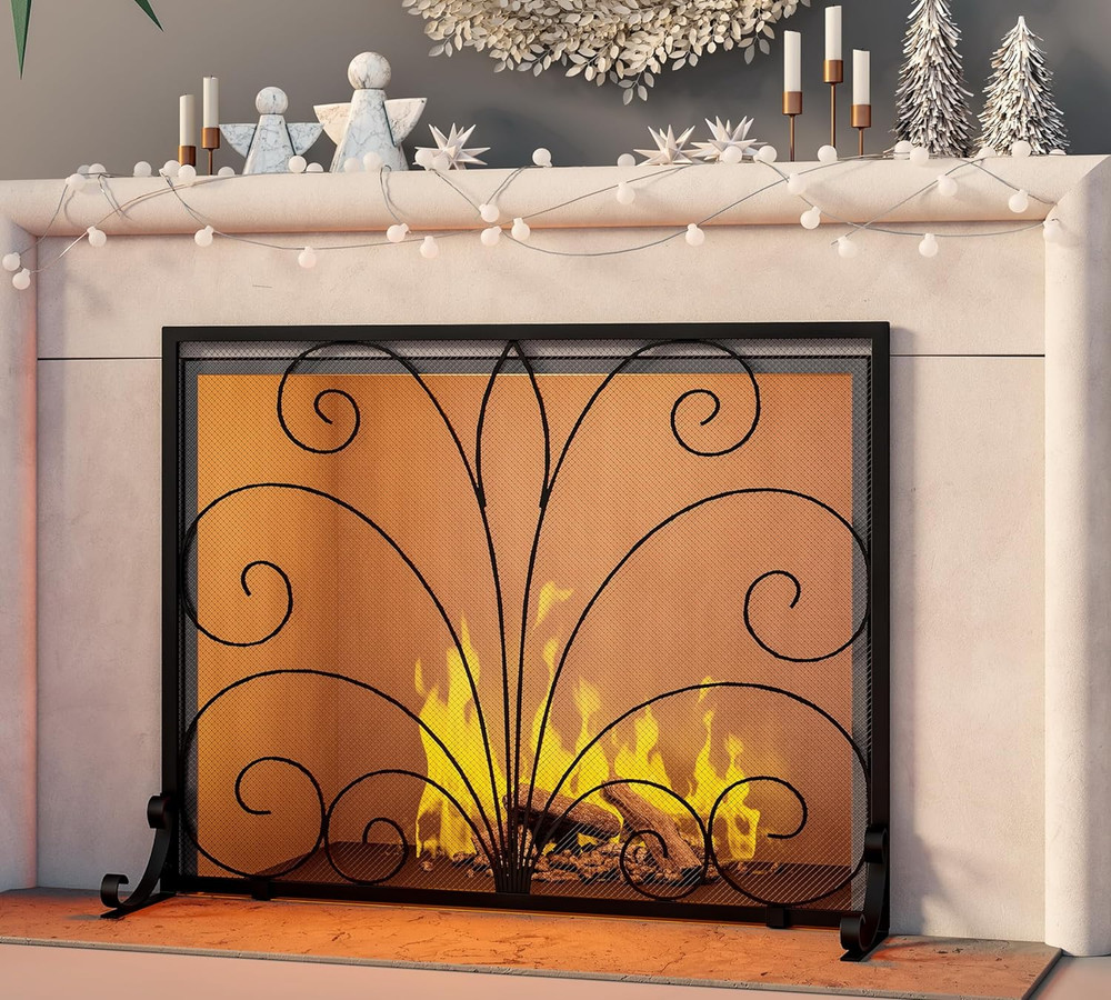 Handcrafted Wrought Iron Fireplace Screen - Safe Spark Protector (Black)