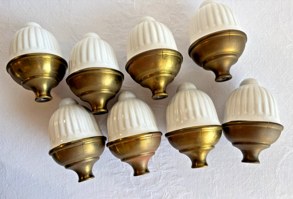 Vintage Brass and White Porcelain Finials Threaded