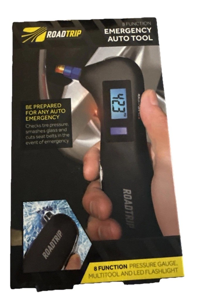 RoadTrip Emergency Auto Tool Kit Flash Light Tire Pressure 8 Function