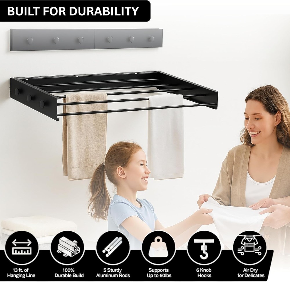 31.5" Wall Mounted Drying Racks for Laundry Retractable Clothes Rack - black