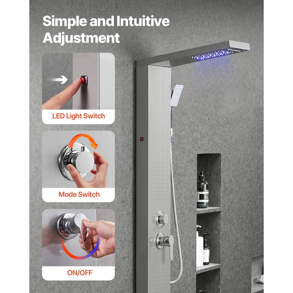 Shower Panel Tower System Stainless Steel Column Rainfall Waterfall Head 5 Modes