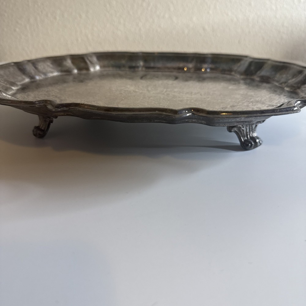 Vtg Silver Platter Tray Etched Scrollwork Footed Serving Leonard Silver