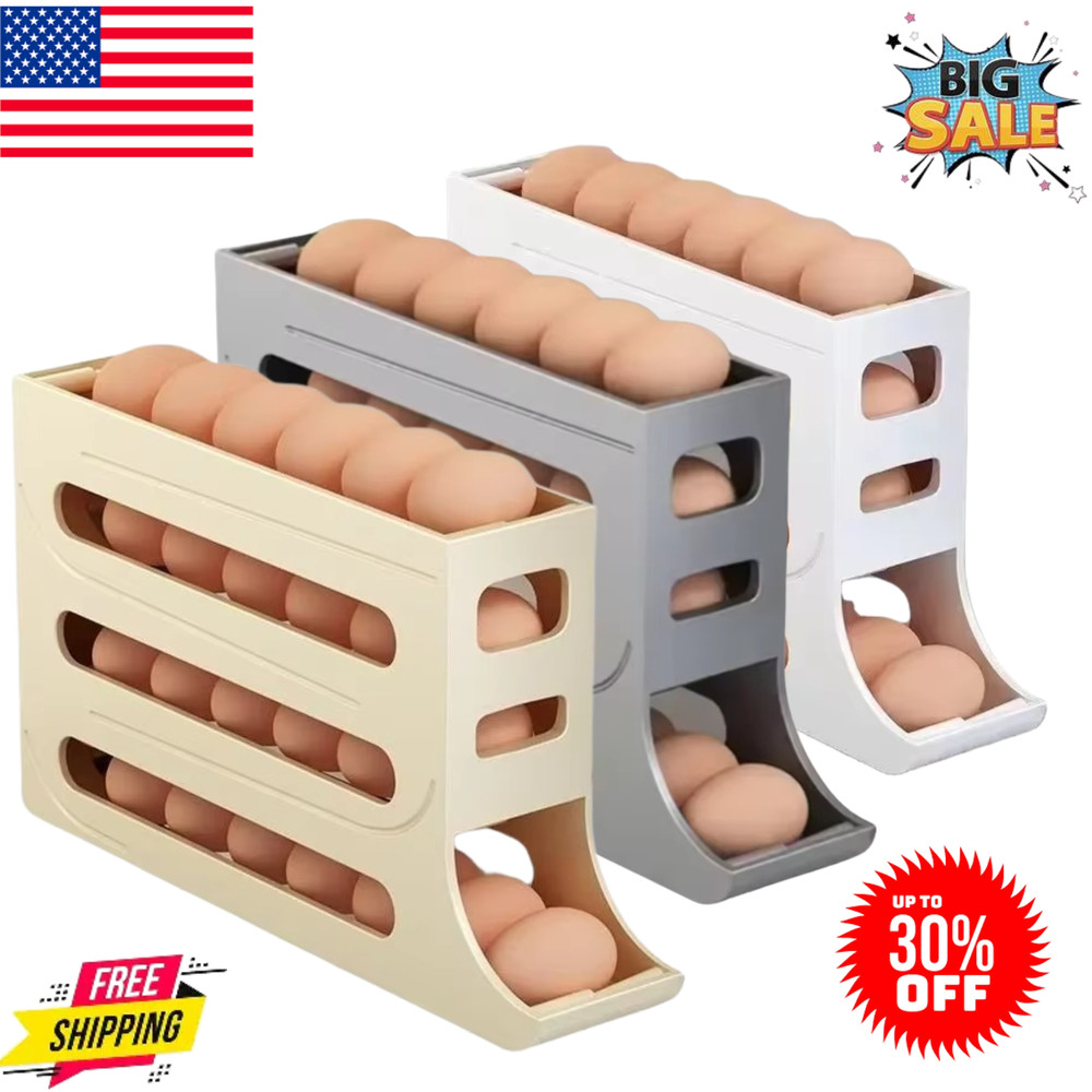 Automatic Rolling Egg Dispenser Organizer for Refrigerator 4-Tier Space-Saving