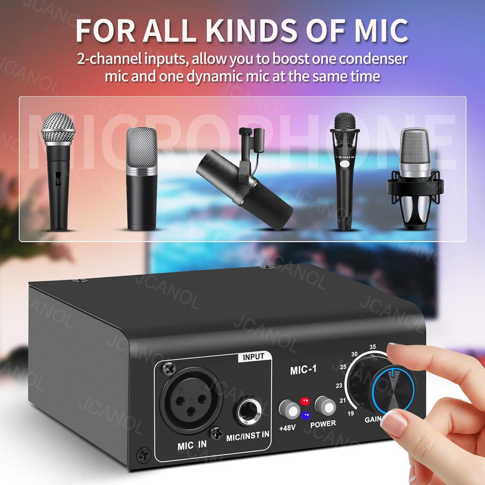 MIC-1 Microphone Preamp Mic Gain Booster with 2 Input Max 75Db Gain 48V Phantom
