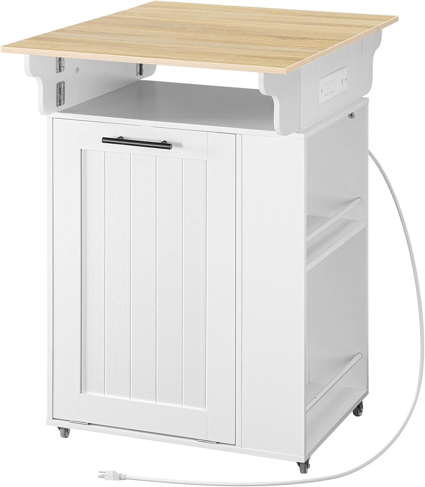 Rolling Kitchen Island with Trash Can, Drop Leaf, Power Outlet & Spice Rack