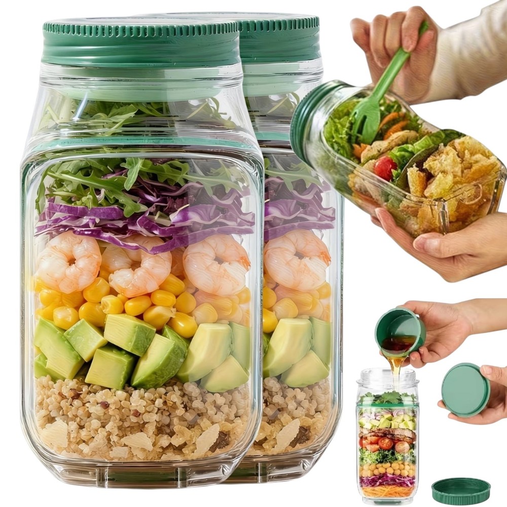 2 Pack Salad Jar Container Side Opening Leakproof Lunch Meal Prep Dressing Cup
