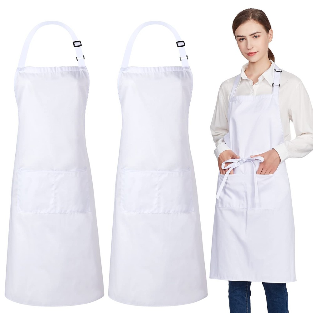 2 Pack 100 Cotton Aprons 2 Pockets Kitchen Adjustable Bib White