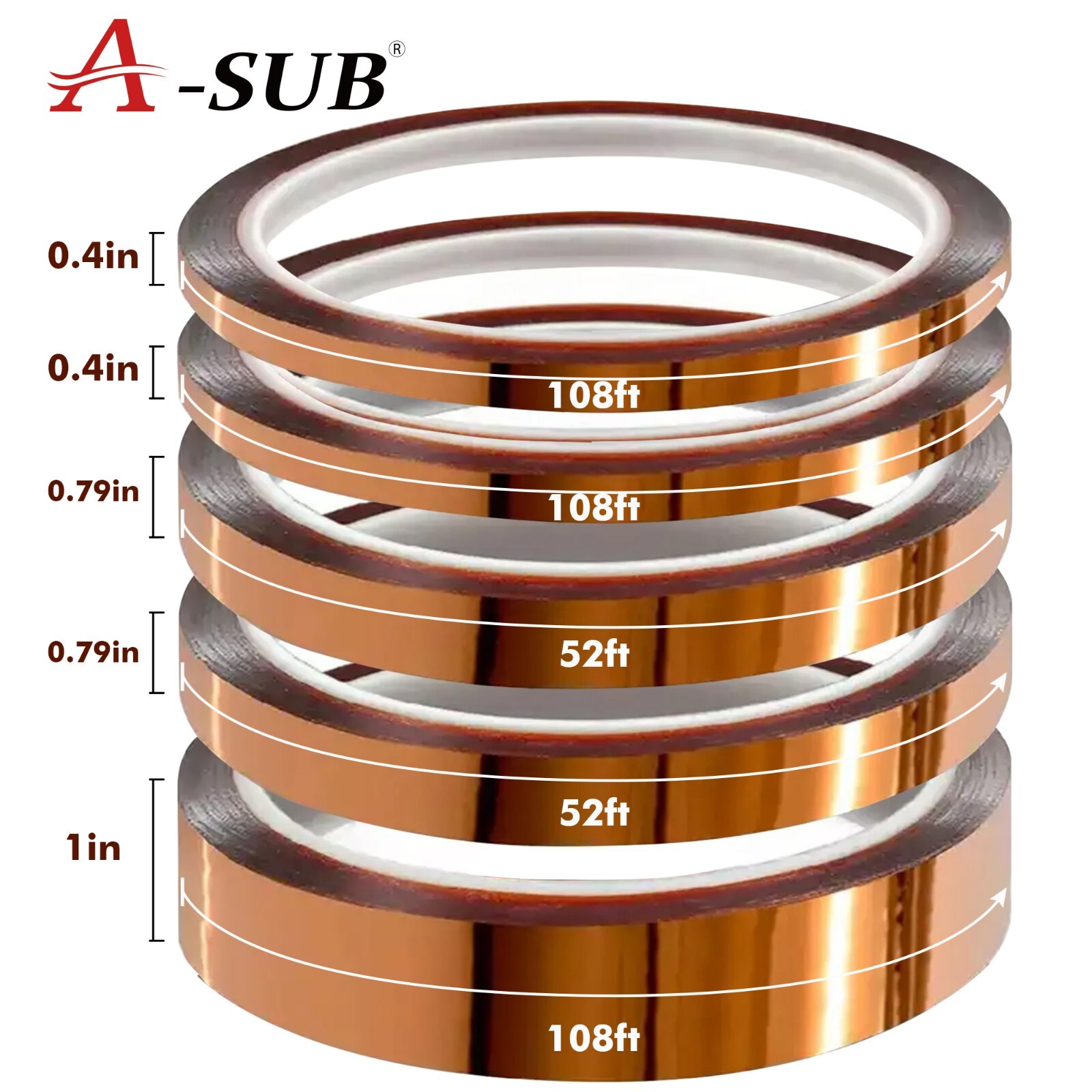 5 Rolls Polyimide High Temperature Tape Heat Resistant Kapton 10mm, 20mm,25mm