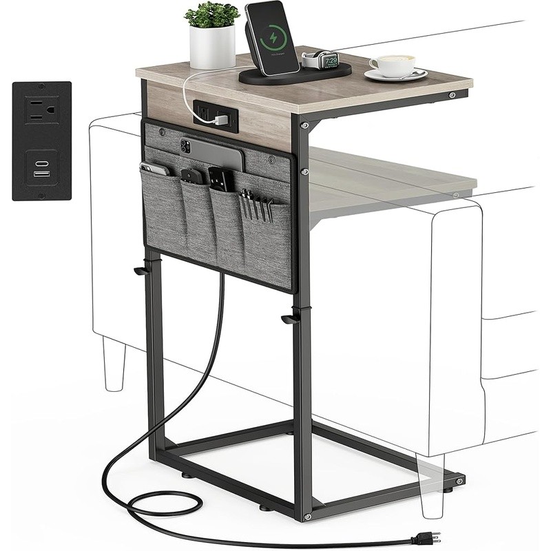 Height Adjustable C Shaped Side Table W/ USB Charging Station Storage Bag Couch