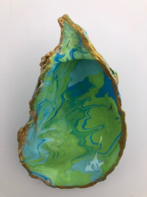 Hand Crafted Turquoise, Lime and Light Blue Paint Pour Oyster Shell