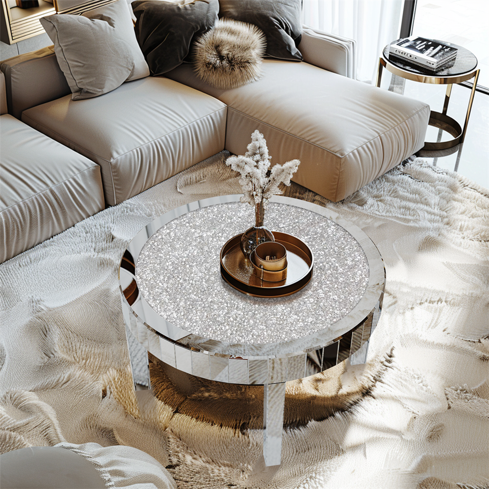 Mirrored Coffee Table Round Silver Accent Beveled Glass Edge Crystal Side Table