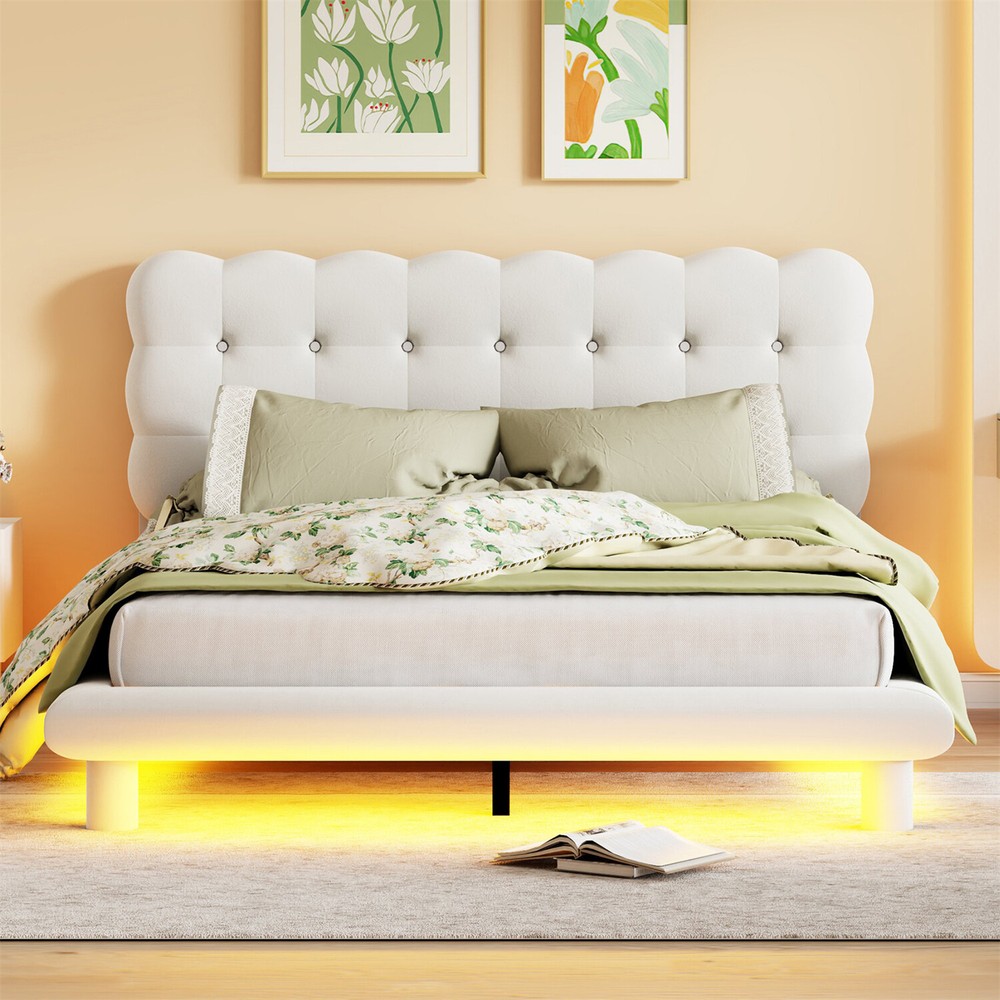 Queen Size Bed Frame Velvet Upholstered Platform Bed Frame w/ LED Lights New