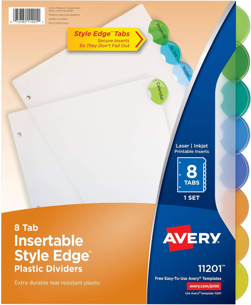 Insertable Style Edge Plastic Dividers for 3 Ring Binders, 8-Tab Set, Multicolor