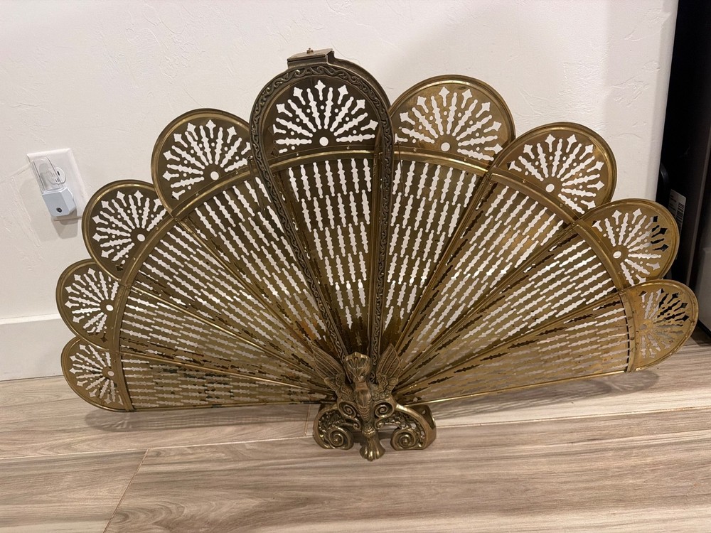 VINTAGE BRASS PEACOCK FIREPLACE SCREEN