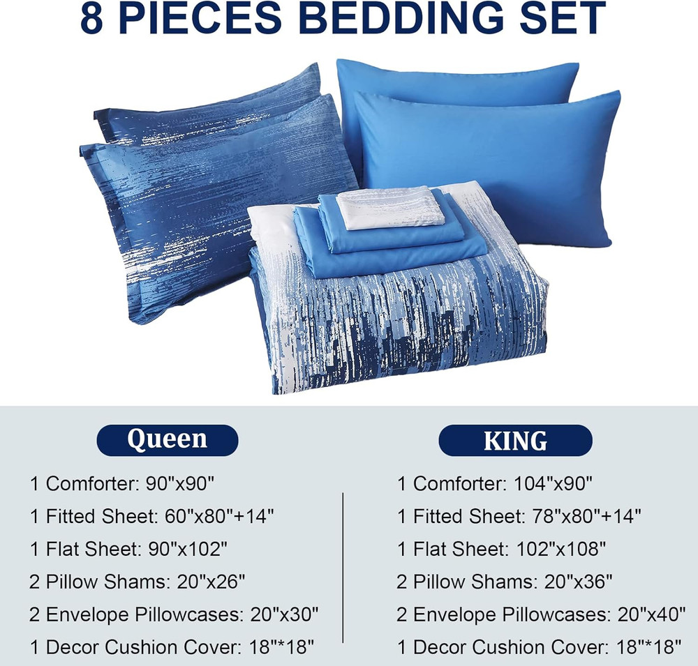 Ombre Blue Comforter Set King Size Reversible Gradient Blue Grey Boho Bedding Se