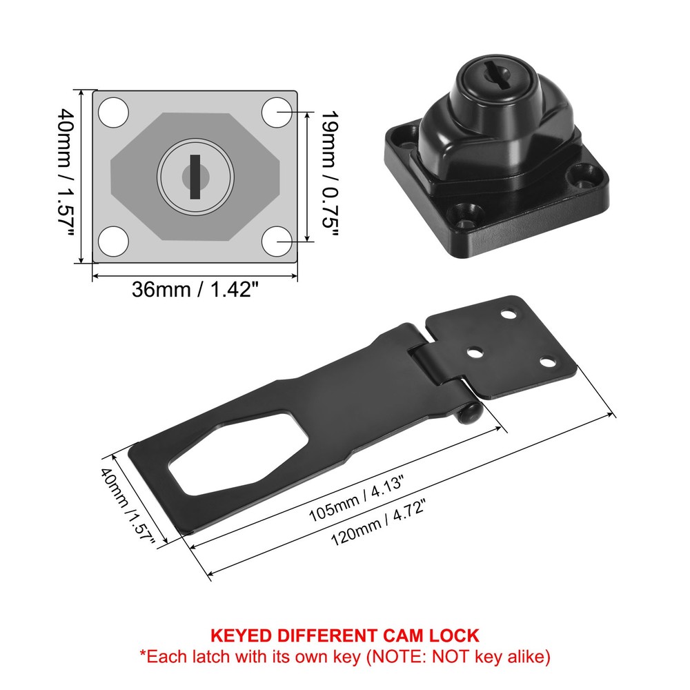 4Inch Keyed Hasp Locks Twist Knob Locking Keyed Different, Black