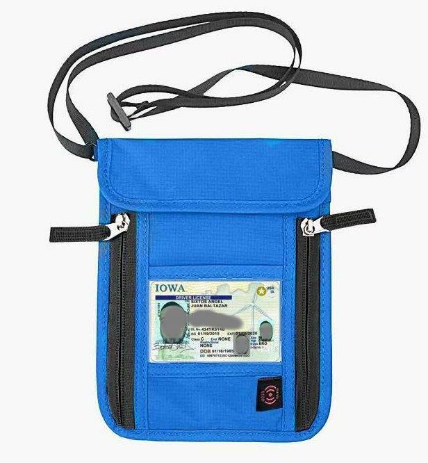 Travel Passport Holder Security Neck waterproof Pouch Wallet RFID Blocking BLUE