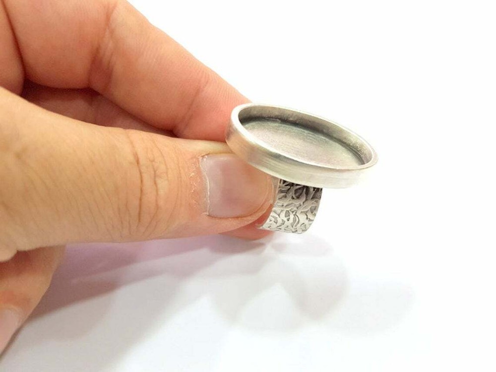 Oval Branch Base Ring Blank Bezel Setting Adjustable Antique Silver Plated
