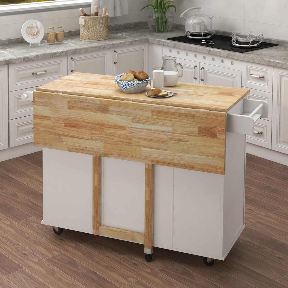 Kitchen Island with Spice Rack, Towel Rack and Extensible Solid Wood