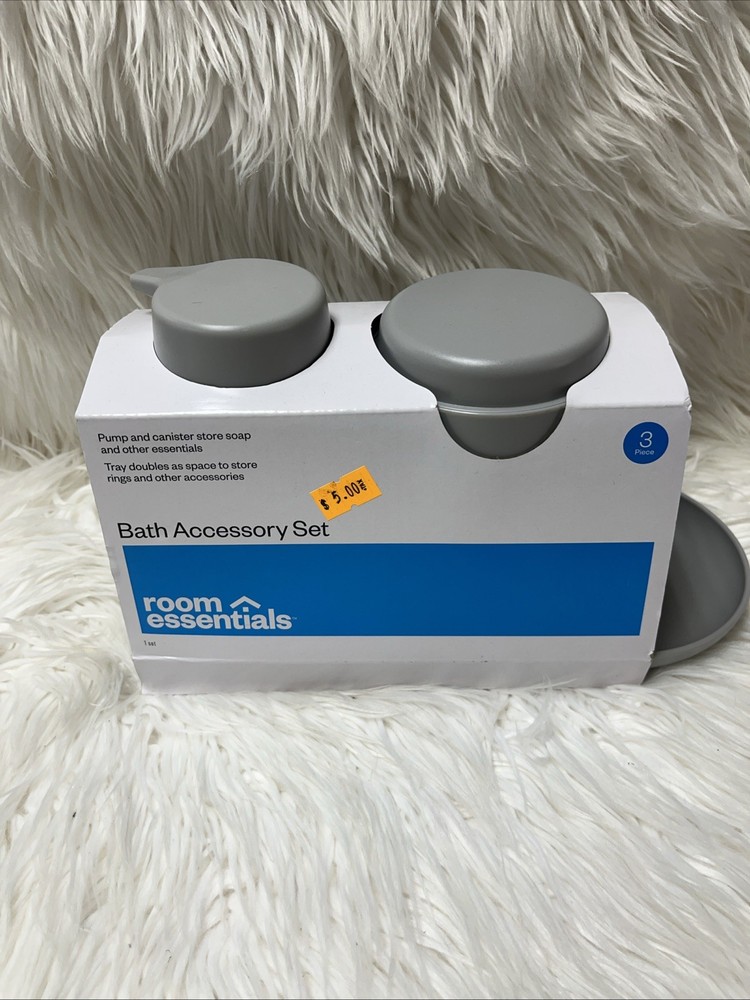 Room Essentials~ 3pc Lavender Bath Bundle Set: Soap Tray & Pump & Canister