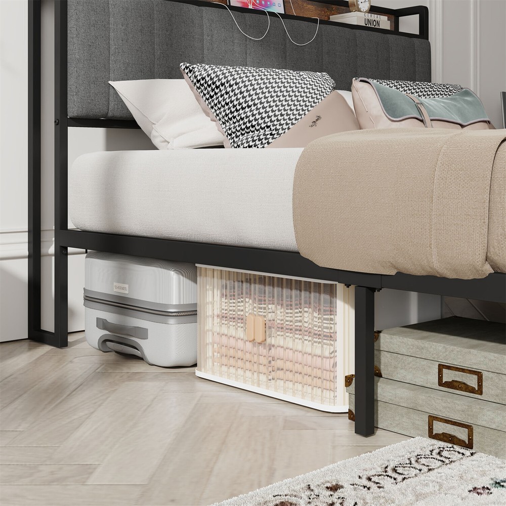 Full Size Bed Frame with Upholstered Headboard Metal Platform Bed with Outlets