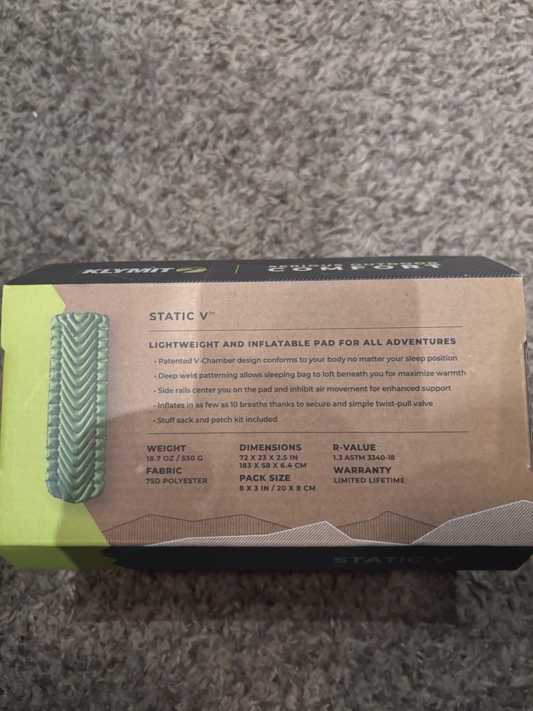 Klymit Static V Ultralight Inflatable Sleeping Pad Single Green V-Chamber