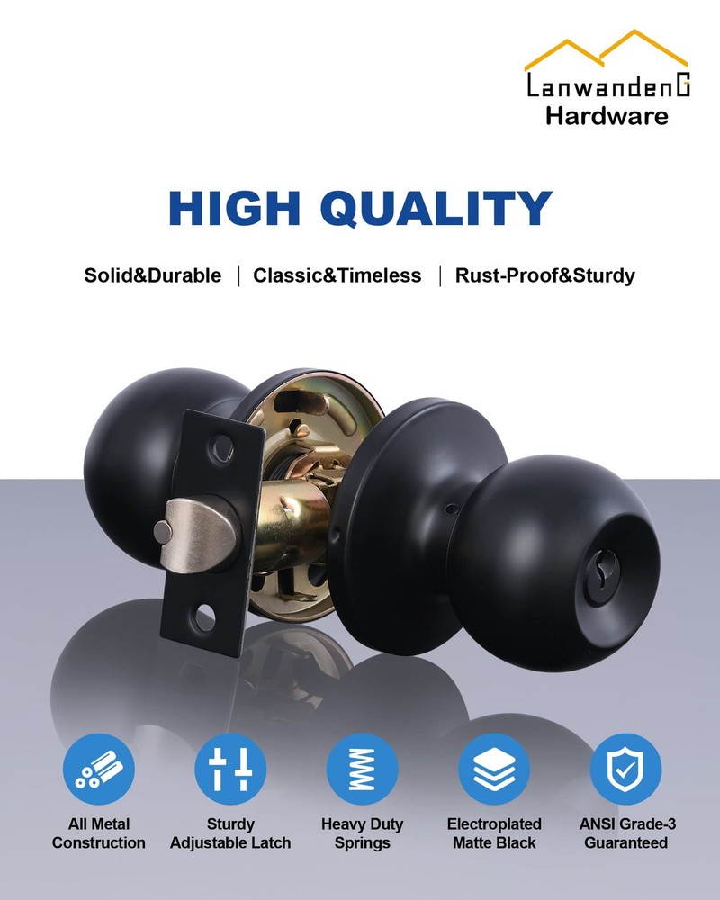 Lanwandeng Matte Black Door Knobs with Lock and Keys, 1 Pack, Entry Keys