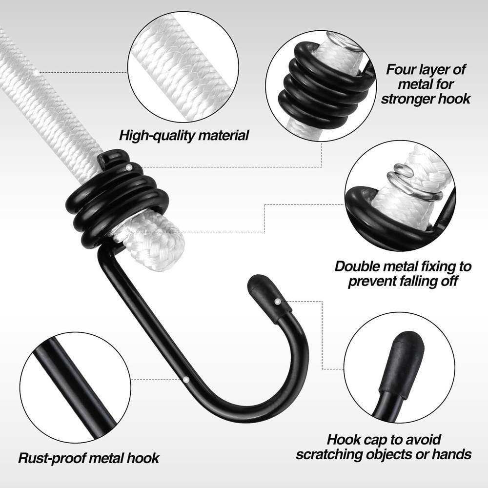 WORKPRO 24'' Bungee Cord with Hooks 4 Pack Superior Rubber Elastic Rope White