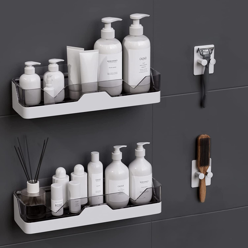 UIFER 2-Pack Adhesive Shower Caddy, Shelves with Hooks, No White