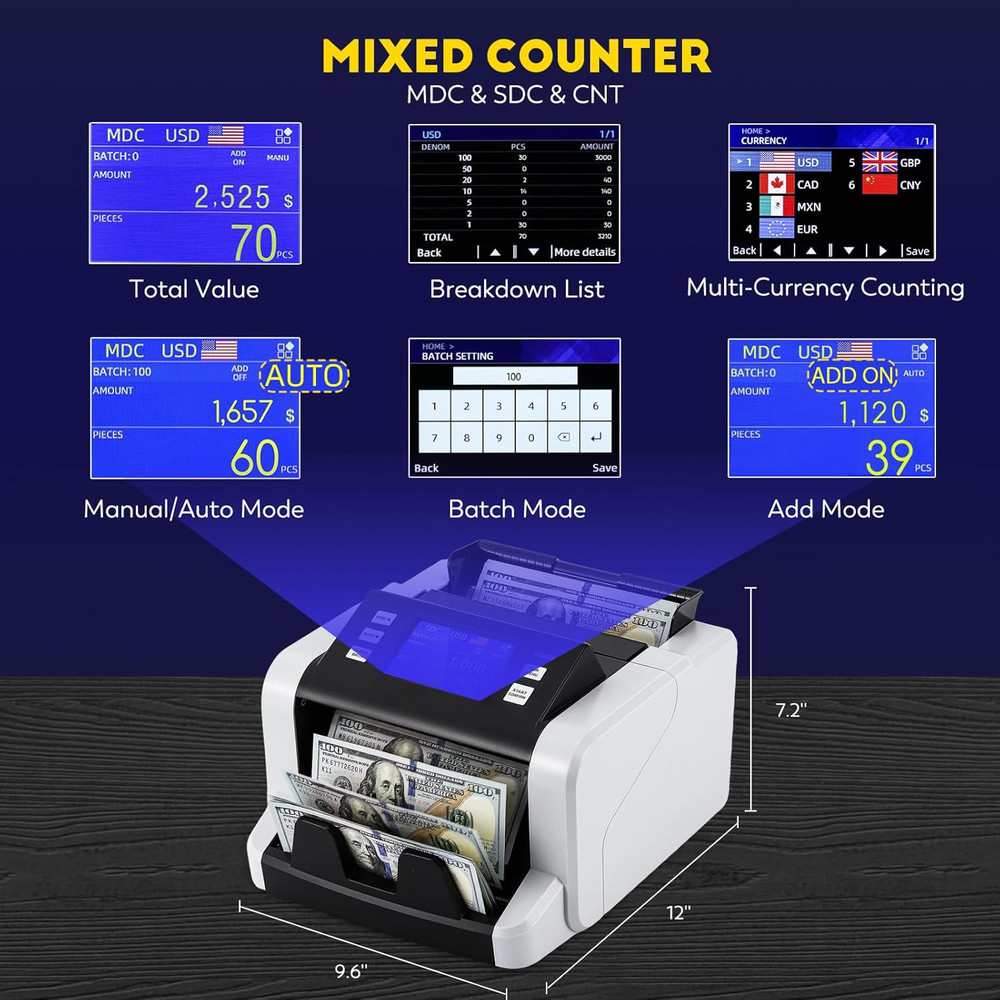 Mixed Denomination Money Counter Machine, Touchscreen Value Counter, 1500Bills/M
