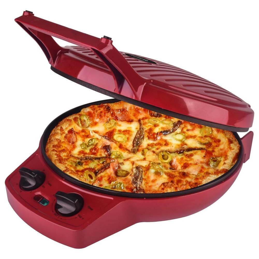 Courant 12” Electric Pizza Oven 180° Multi Purpose Dual Griddle Red, Timer +Temp