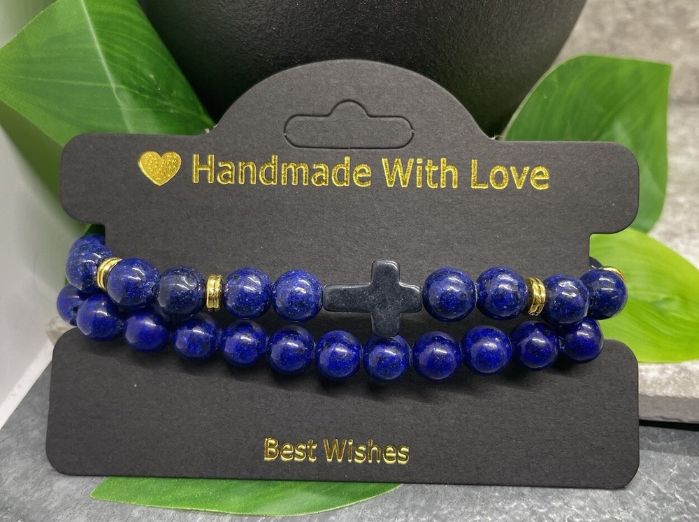 2 PC Handmade Beaded Stackable 6.5” Plus Stretch Bracelet Set Cross New B3708
