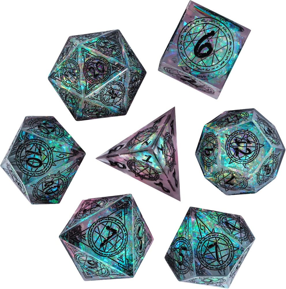7-Die Sharp Edges DND Dice Set, Magic Circle Pattern Polyhedral D&D Dice Set for