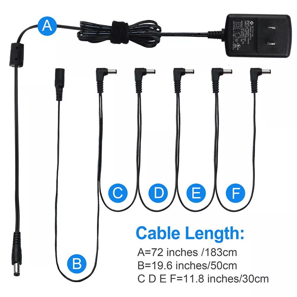 9V DC 1A Guitar Power Adapter + 5 Way Right-Angle Plug Daisy Chain Power Cable