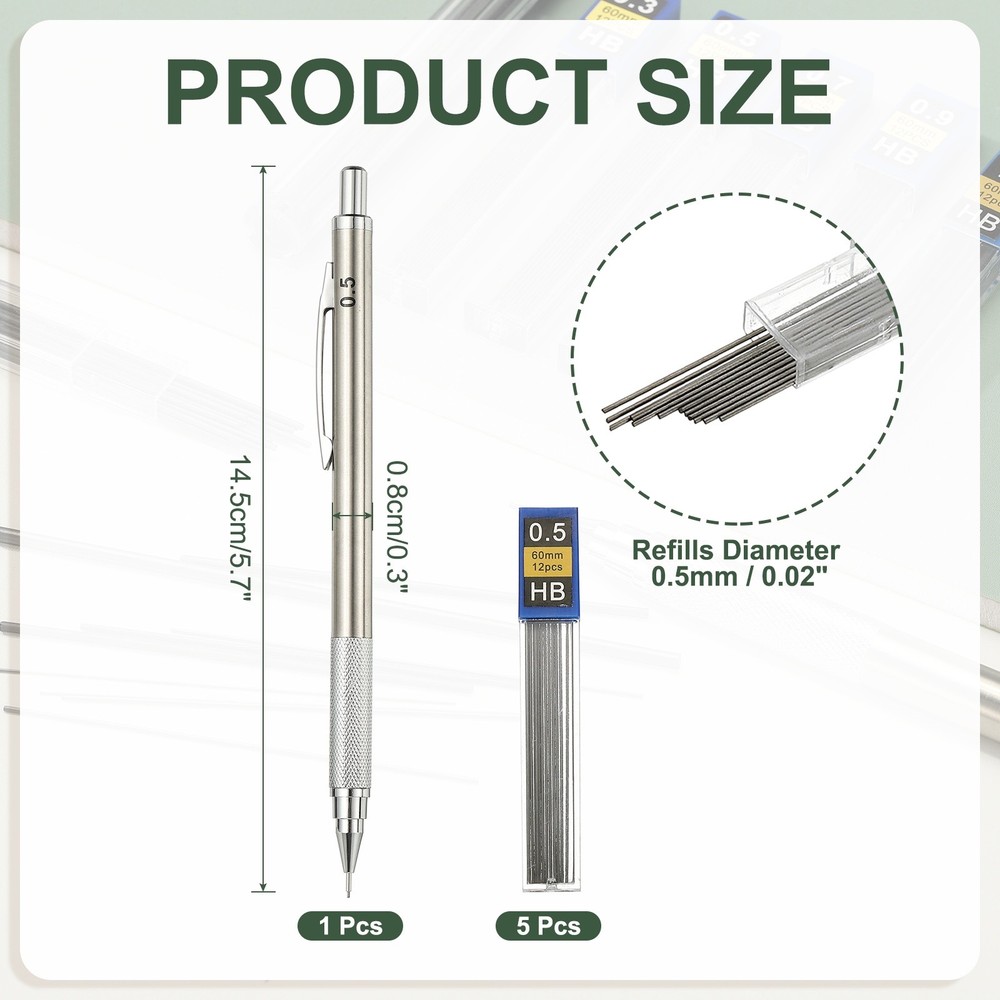 Mechanical Pencil 0.5mm Fine Point with 5Pcs Refills, Silver