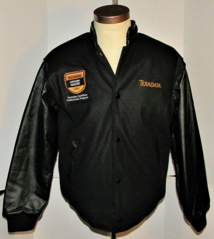 TERADATA 'CERTIFIED MASTER' BLACK WOOL VARSITY JACKET! LEATHER SLEEVES! NWT! S