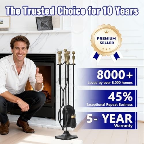 5 Pcs Fireplace Tool Set - Wrought Iron with Brass Handles, Rustic Fire Pit Acce