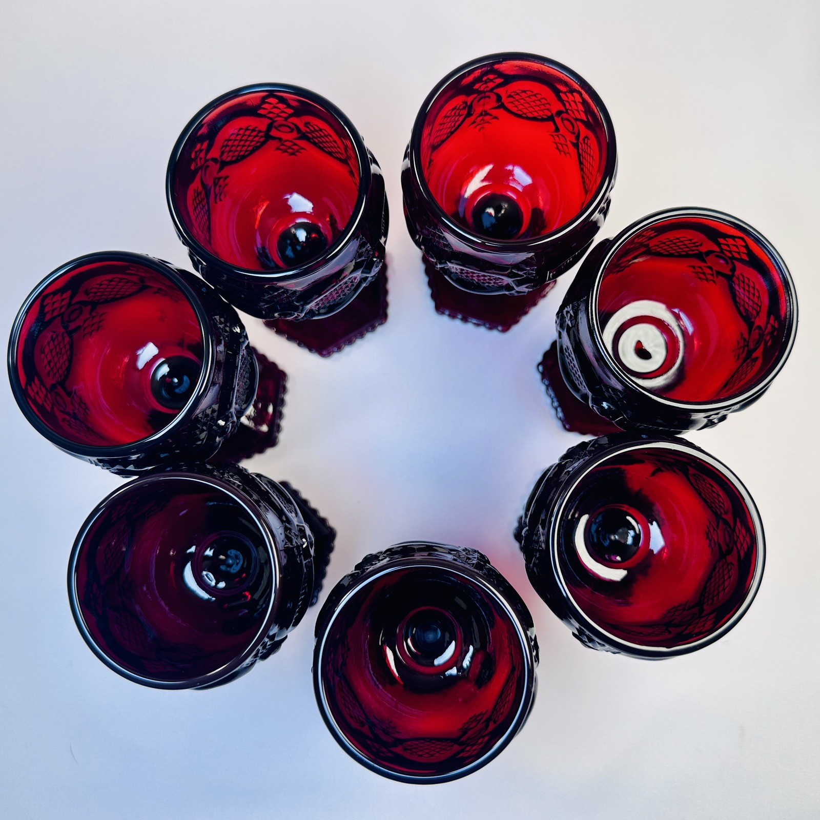 Set of 7 Avon Cape Cod Ruby Red Glass Goblets 4.5" Vintage Pressed Glass