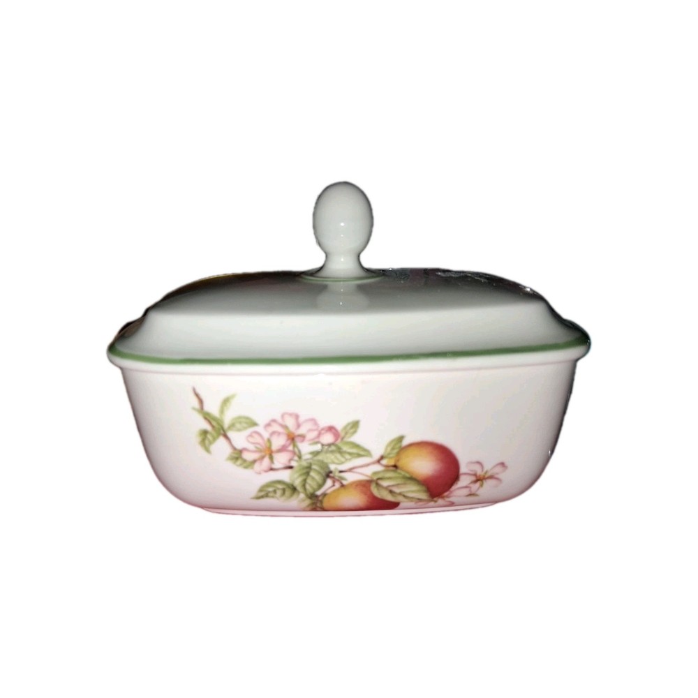 White/Green Rectangular Casserole Dish with Lid, Fruit Pattern