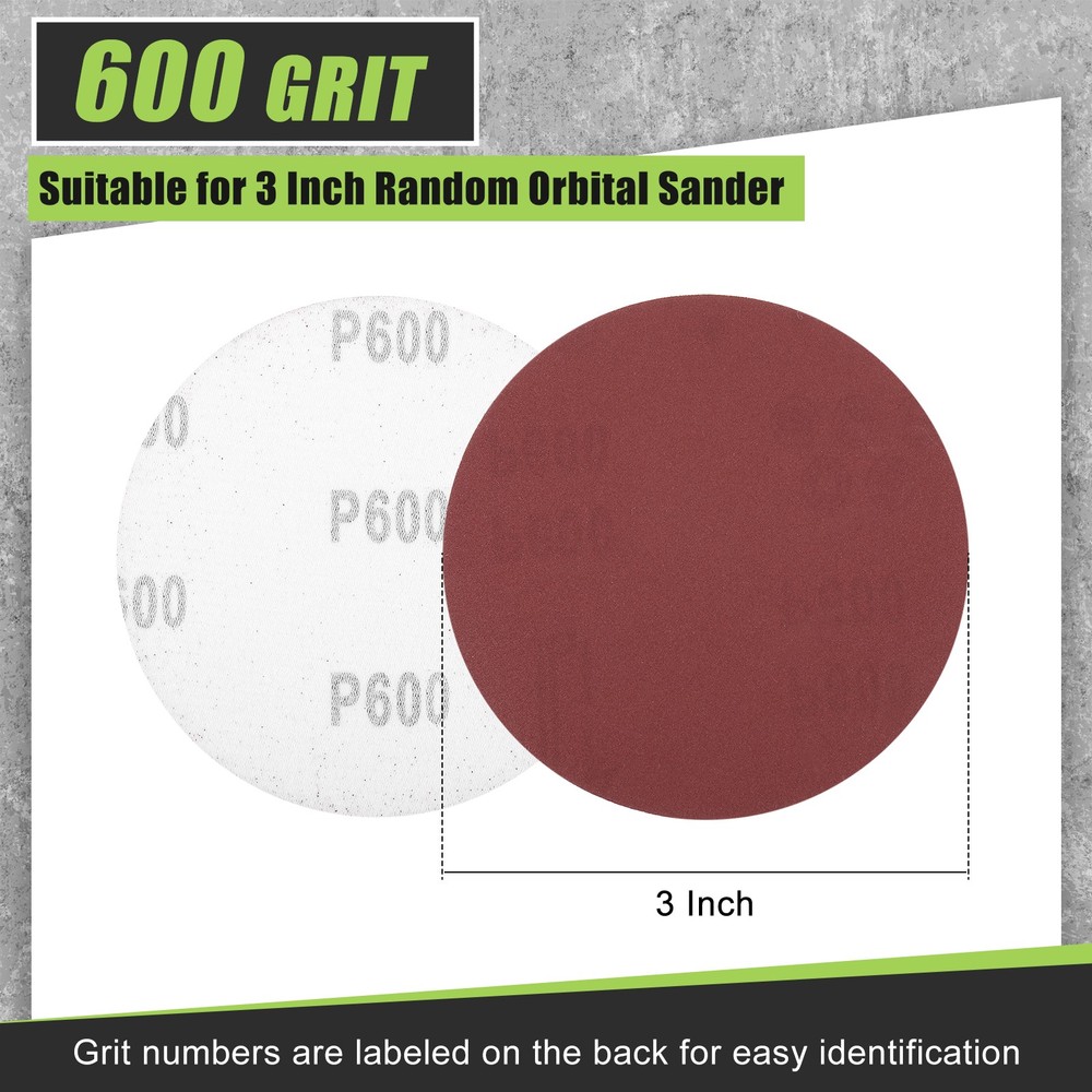 50 Pcs 3 Inch 600 Grit Hook and Loop Sanding Disc, Red
