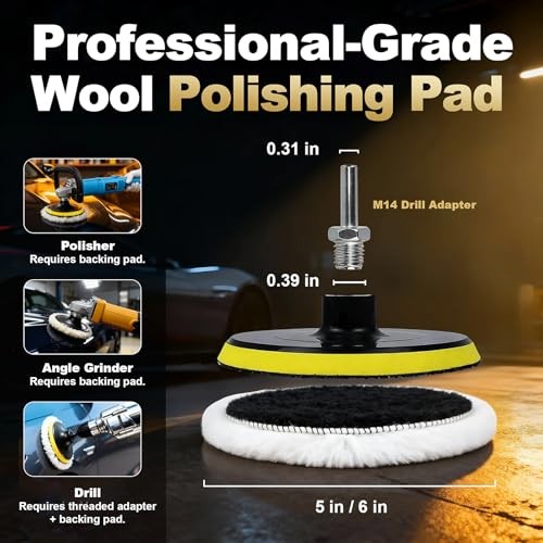 Wool Polishing Buffing Pad with Hook & Loop Backing with M14 Drill Adapter for