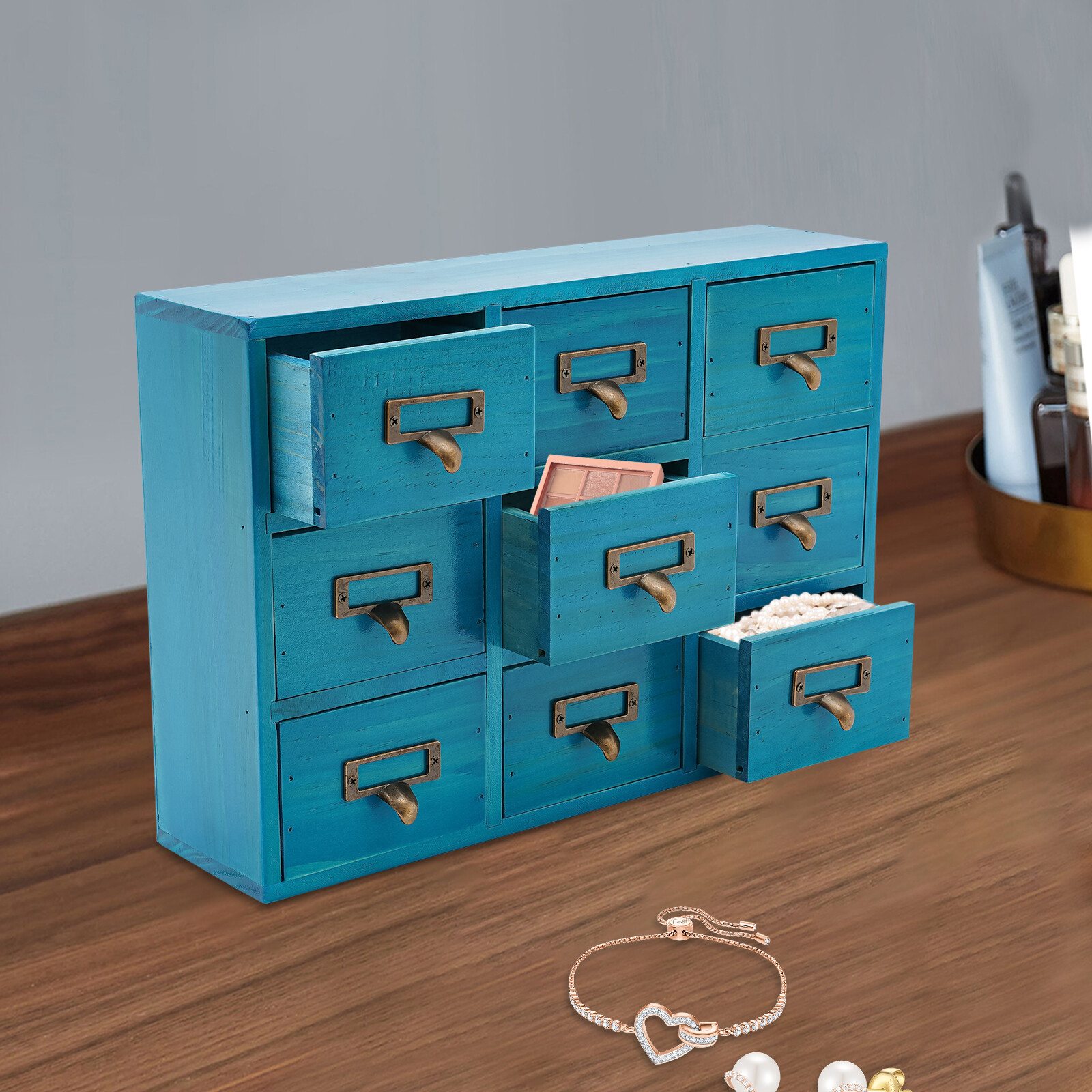 9 Drawers Apothecary Cabinet Case Wooden Desk Drawer Organizer Herb Storage Box