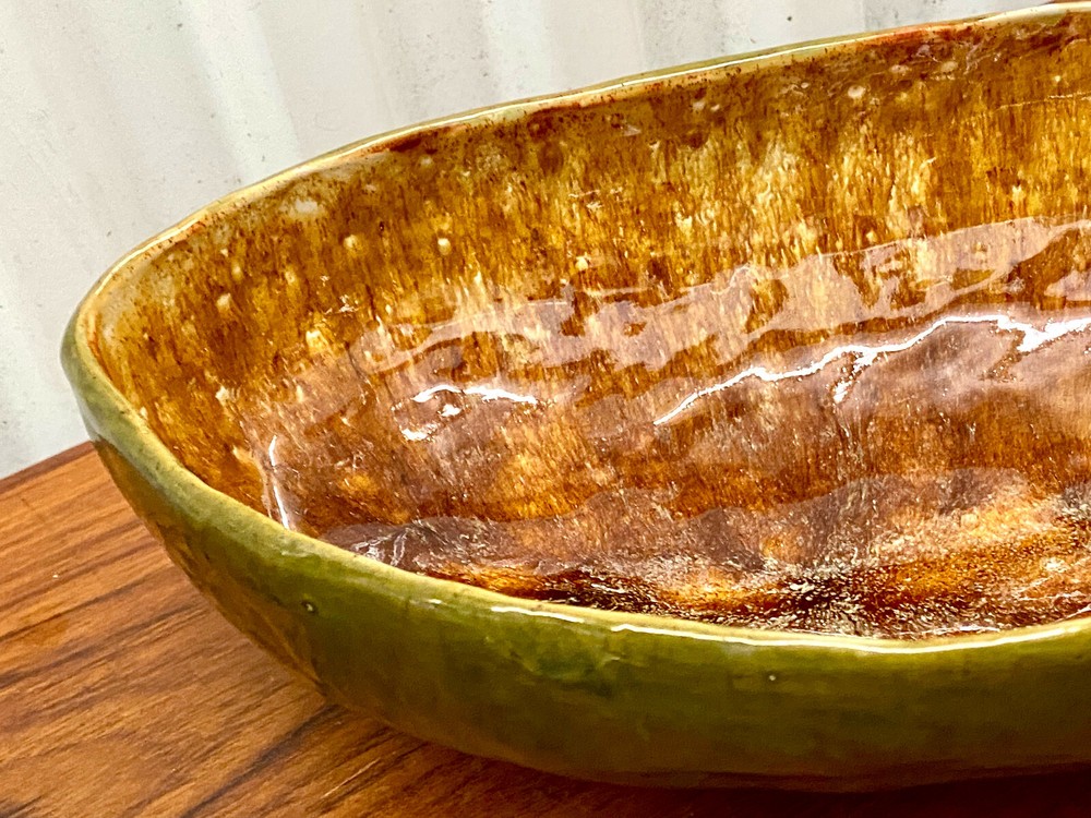Vintage 1963 Drip Glazed Pottery Leaf Bowl / Planter Signed & Dated