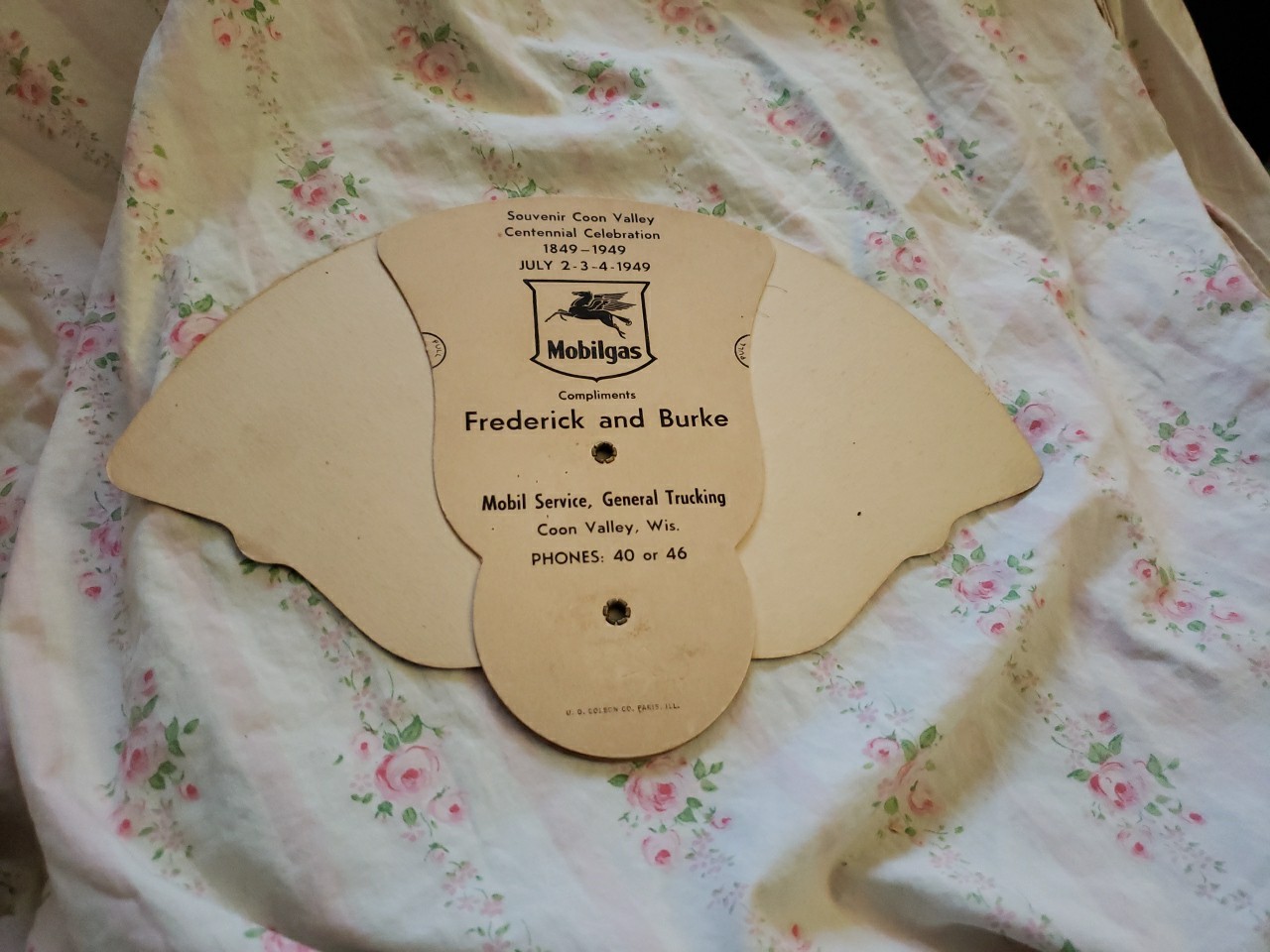 Mobilgas Giveaway Cardboard Fan, Frederick & Burke Mobil Service, Coon Valley WI