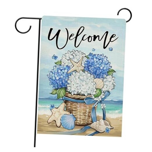Welcome Spring Summer Beach Hydrangea Flower 12" x 18" Hydrangea Beach