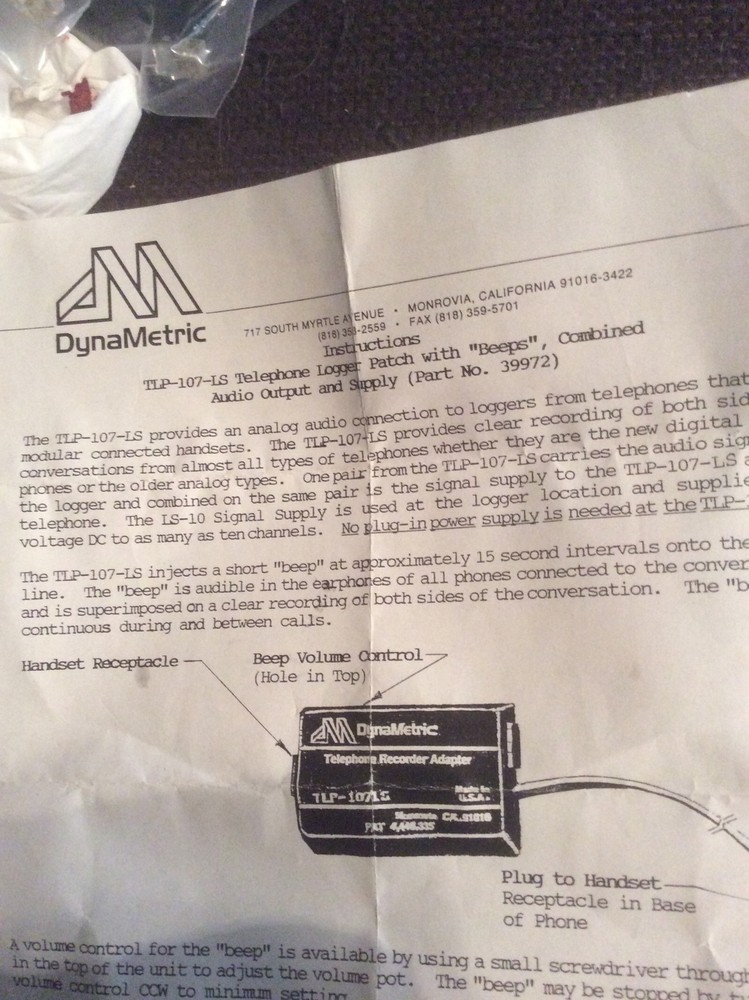 NEW DYNAMETRIC TELEPHONE LOGGER PATCH TLP-107-LS