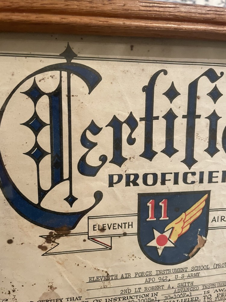 WWII 1945 11th Air Force Pilot Proficiency Certificate Instrument Course Named